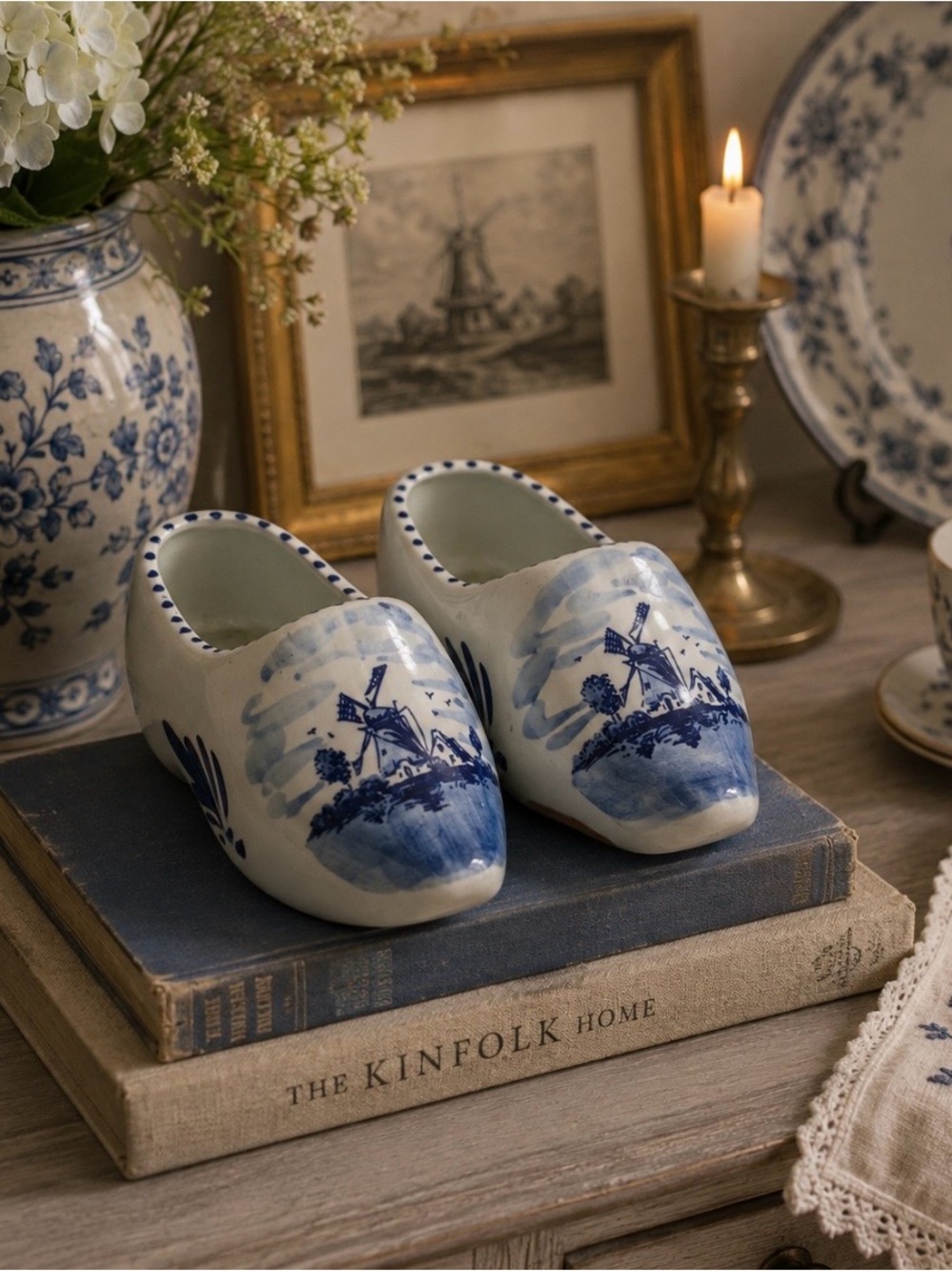 Vintage Russian Porcelain Shoe Blue White Floral Folk Art Decorative Planter